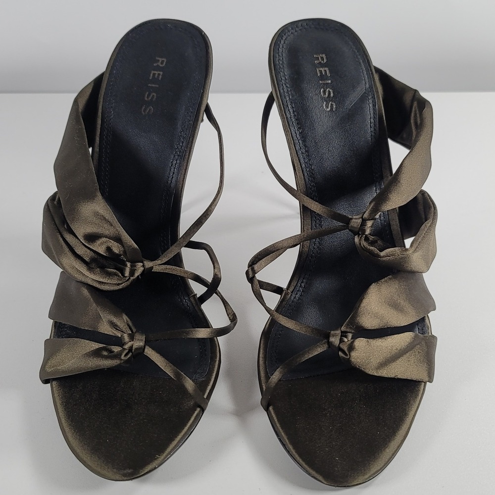REISS Monroe Satin Pin Heel Mule Sandals Khaki Green NWOB Size EU 40 US 9